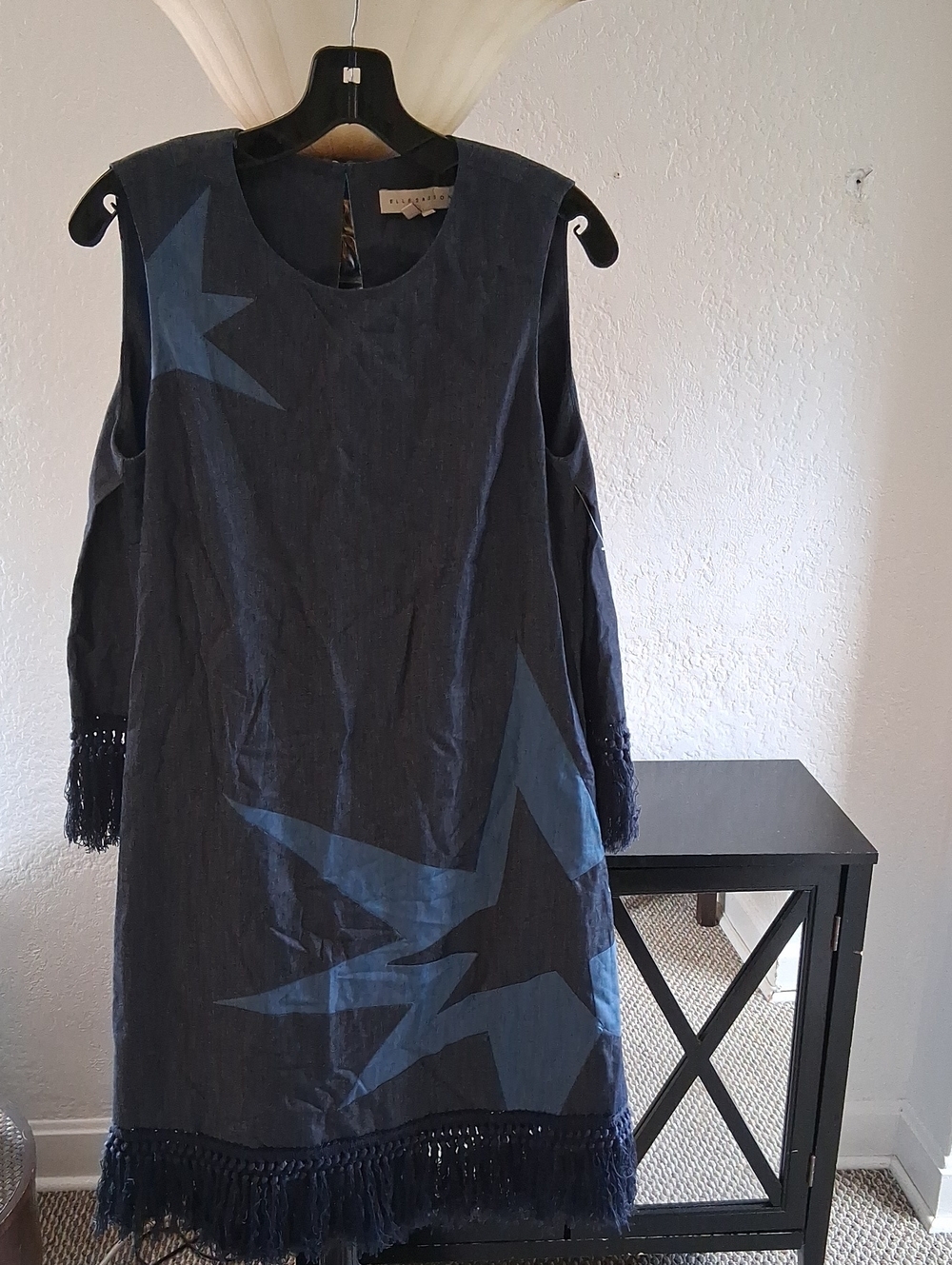 Long Sleeve Fringe Hem Navy Star Pattern Dress